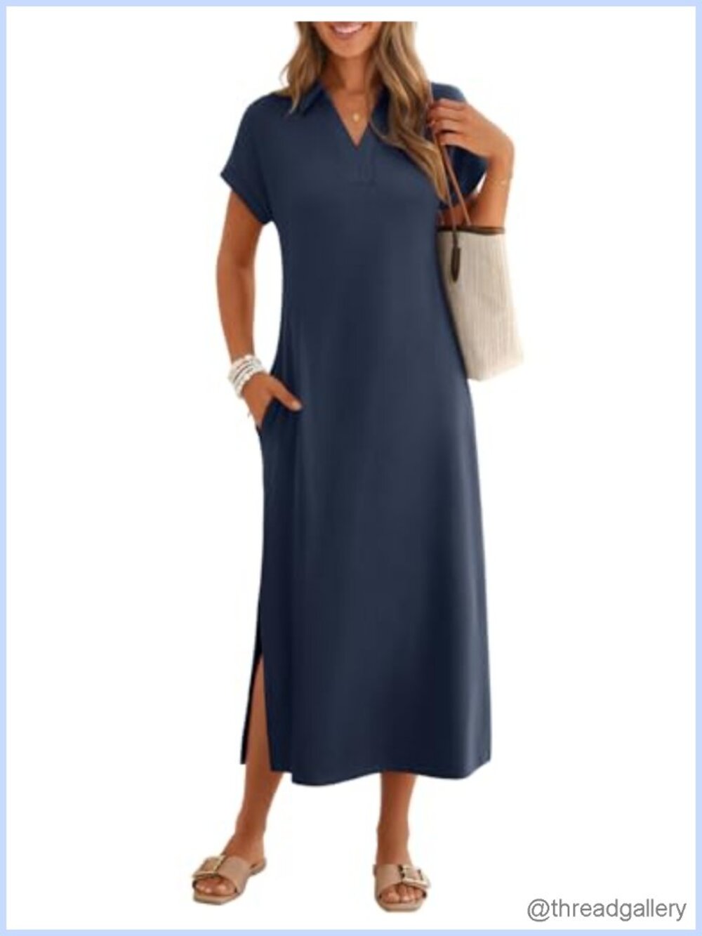 Women's Casual V Neck Collared Maxi Dress Short Sleeve Loose Fit Beach Vacation